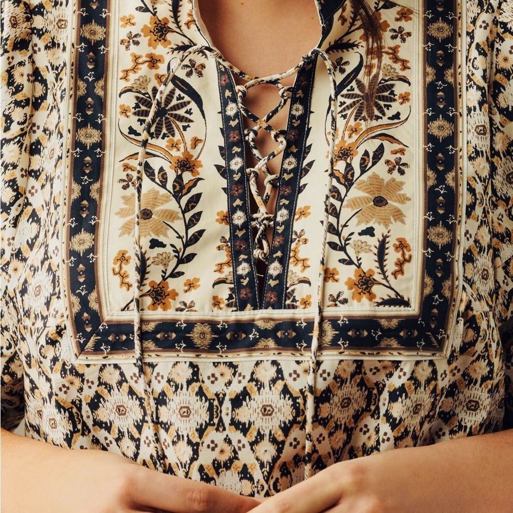 Anthropologie Pleated Puff-Sleeve Blouse Boho Peasant Top - Size Medium - Picture 11 of 16
